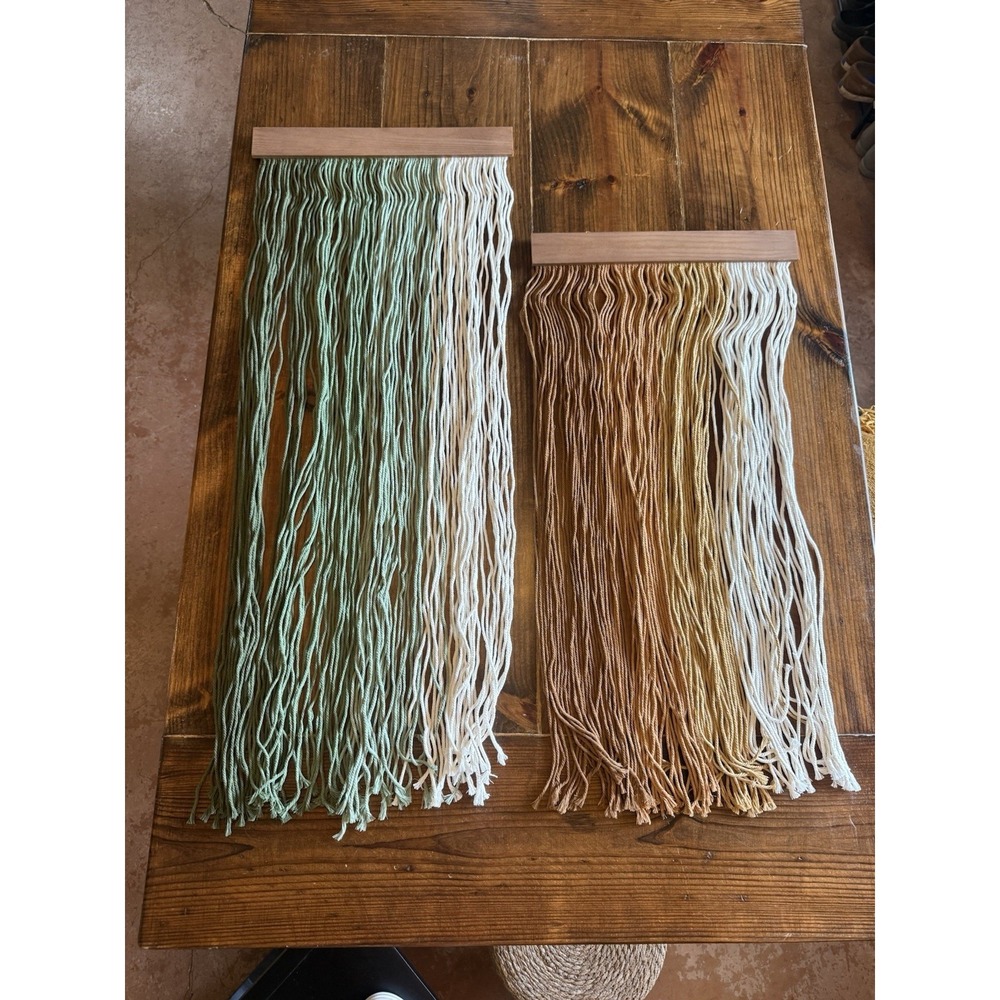 Set of 2 Boho Yarn Wall Hangings Wood Mount Green & Neutral Fiber Wall Art Decor
